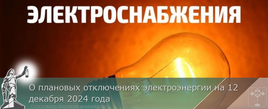 О плановых отключениях электроэнергии на 12 декабря 2024 года | Администрация муниципального округа город Партизанск Приморского края Официальный сайт О плановых отключениях электроэнергии на 12 декабря 2024 года | Администрация муниципального округа город Партизанск Приморского края Официальный сайт